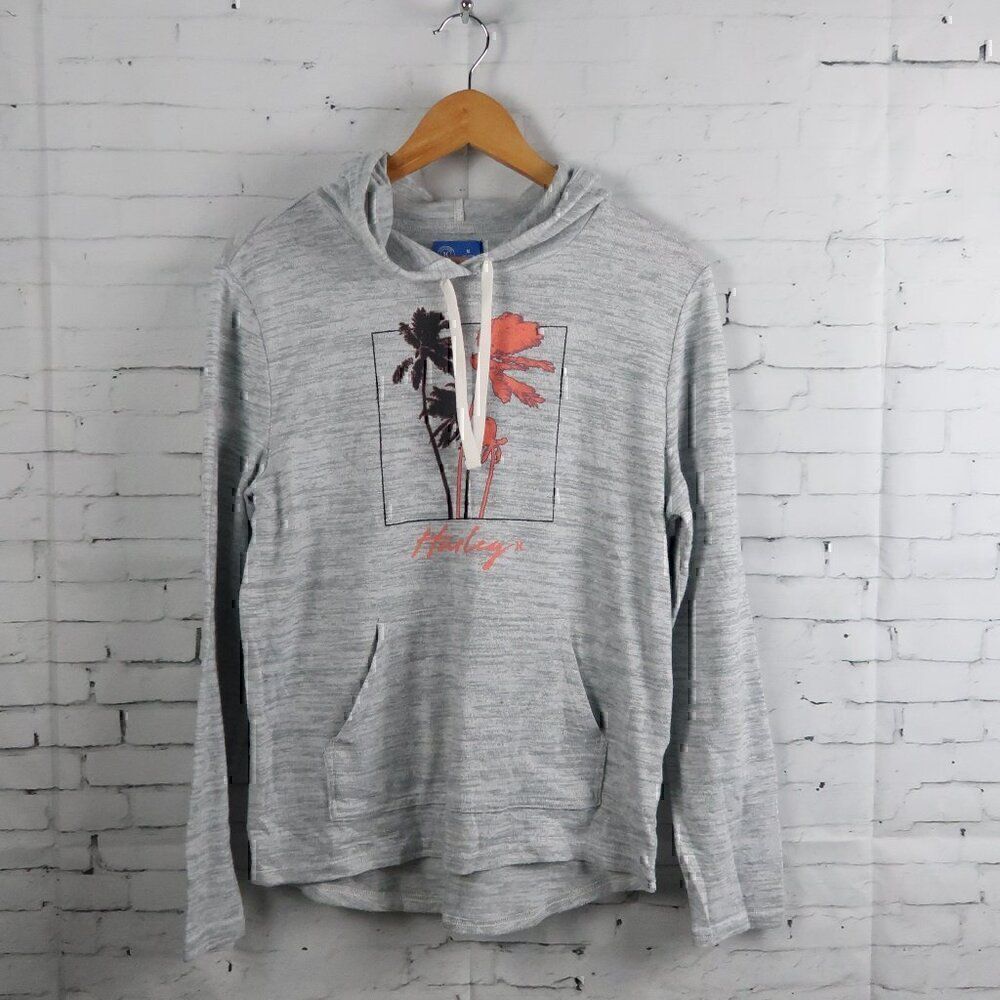 HURLEY BRAND HEATHER GREY PALM TREE PRINT LONG SLEEVE PULL OVER HOODED SWEATER